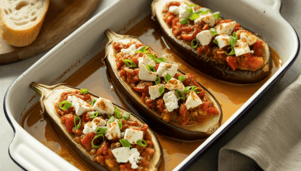 Gefüllte Auberginen aus dem Ofen mit Tomaten, Feta und Kräutern – aromatisches Low-Carb-Rezept für die gesunde mediterrane Küche.