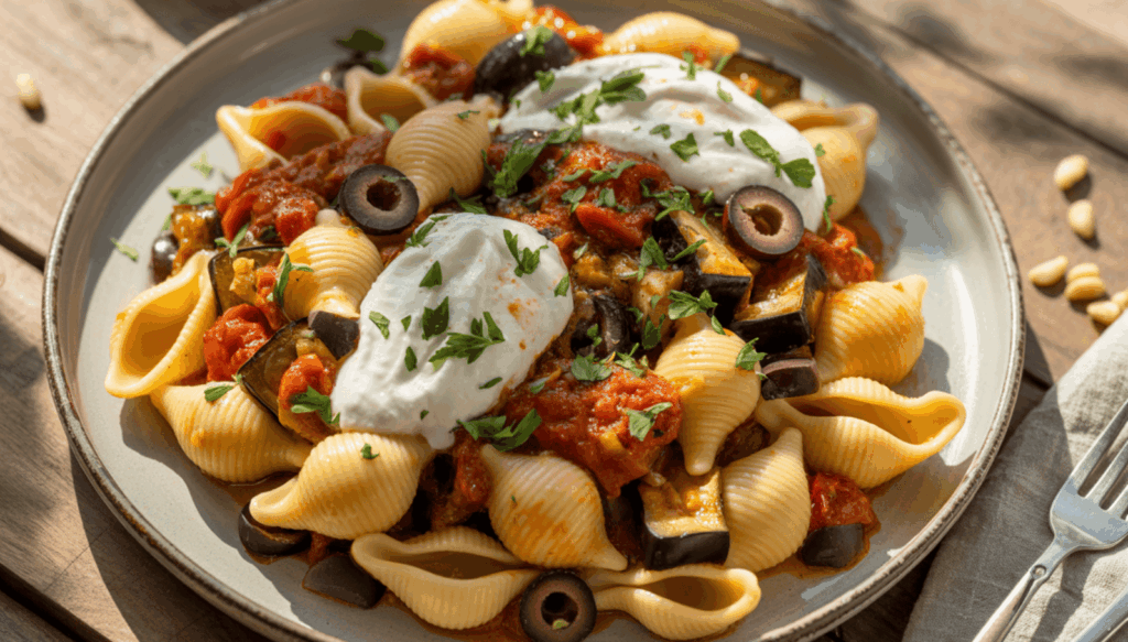Pasta mit Auberginen, Kirschtomaten, schwarzen Oliven und Ricotta auf einem Teller angerichtet – herzhaftes vegetarisches Gericht mit mediterranen Aromen, verfeinert mit frischen Kräutern.