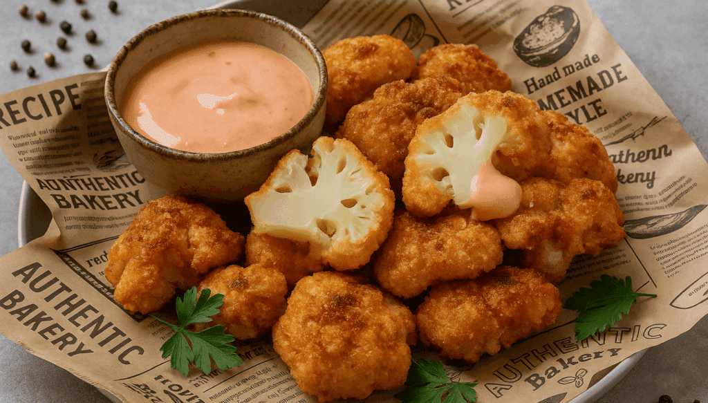 Panierter Blumenkohl goldbraun gebacken und mit Dip serviert – vegetarische und knusprige Snack-Idee, perfekt als Vorspeise oder gesunde Alternative zu frittierten Snacks.