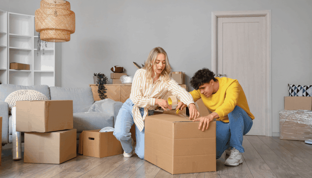 Paar beim Packen von Umzugskartons im Wohnzimmer – effektive Vorbereitung für einen stressfreien Wohnungswechsel