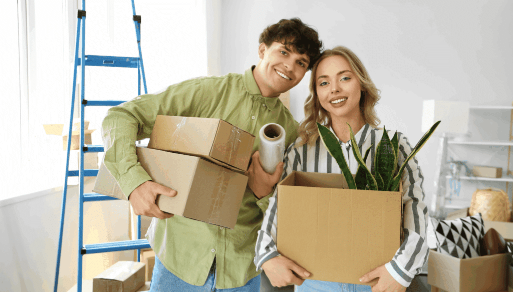 Paar trägt Umzugskartons und Pflanze ins neue Zuhause – Umzug leicht gemacht mit praktischen Tipps für junge Leute