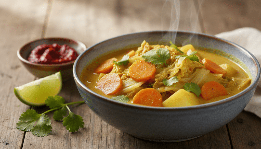 Cremiges Chinakohl-Curry mit Karotten und Kartoffeln, dampfend serviert in einer Schüssel, garniert mit frischem Koriander auf Holztisch.