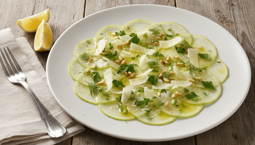 Feines Kohlrabi-Carpaccio mit Zitronen-Olivenöl-Dressing, gehobeltem Parmesan, Pinienkernen und frischen Kräutern auf einem Teller angerichtet.
