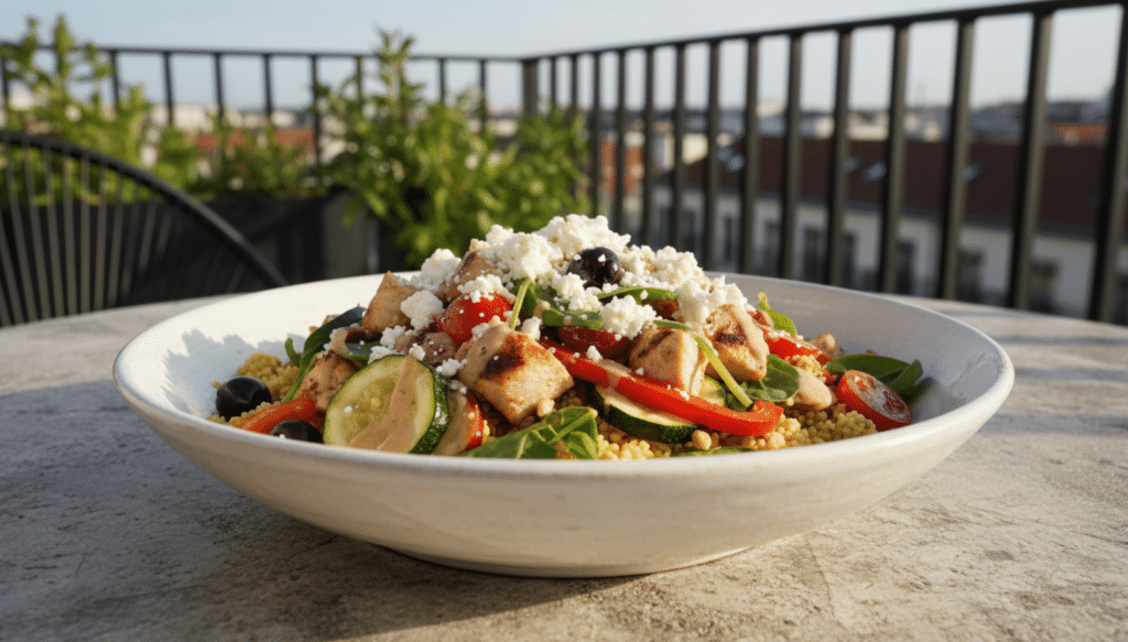 Mediterrane Couscous-Bowl mit gegrilltem Gemüse, Kichererbsen, Oliven und Feta auf einer Terrasse serviert – gesundes vegetarisches Rezept mit Couscous.
