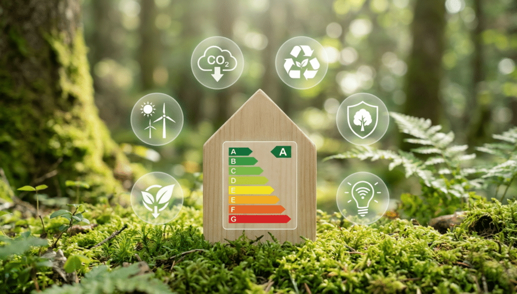 Energiesparendes Haus mit Energieeffizienzklasse A im Wald, umgeben von Symbolen für erneuerbare Energien, CO₂-Reduktion, Recycling, Nachhaltigkeit und intelligente Energienutzung.