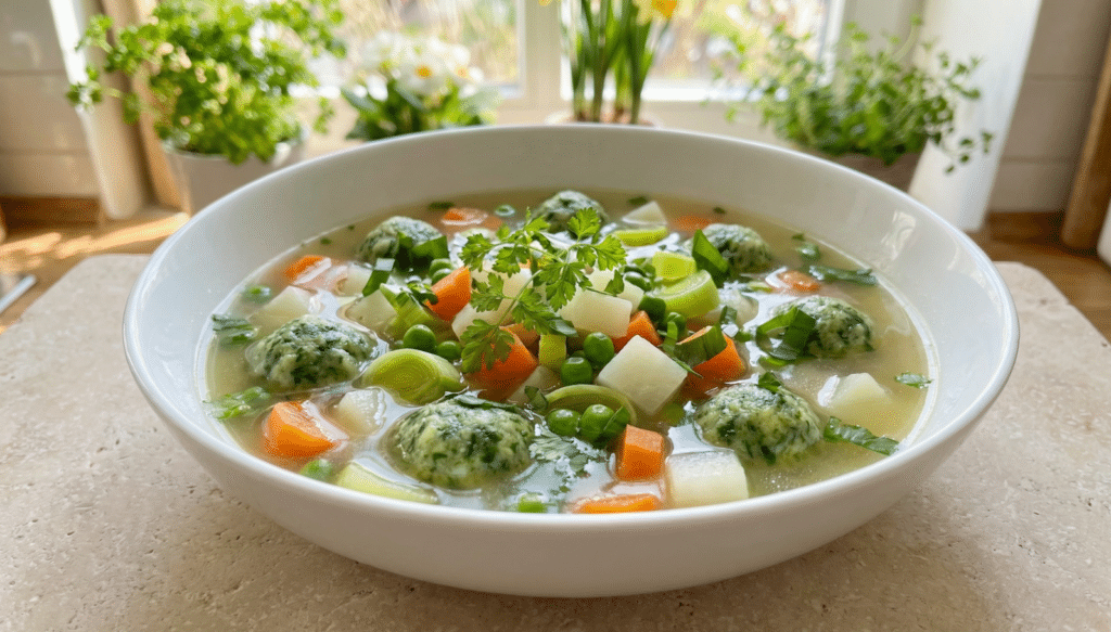 Frühlingssuppe mit Kräuterknödeln, Kartoffeln, Karotten, Erbsen und Lauch in klarer Brühe – leichtes, vegetarisches Rezept mit frischen Frühlingskräutern.