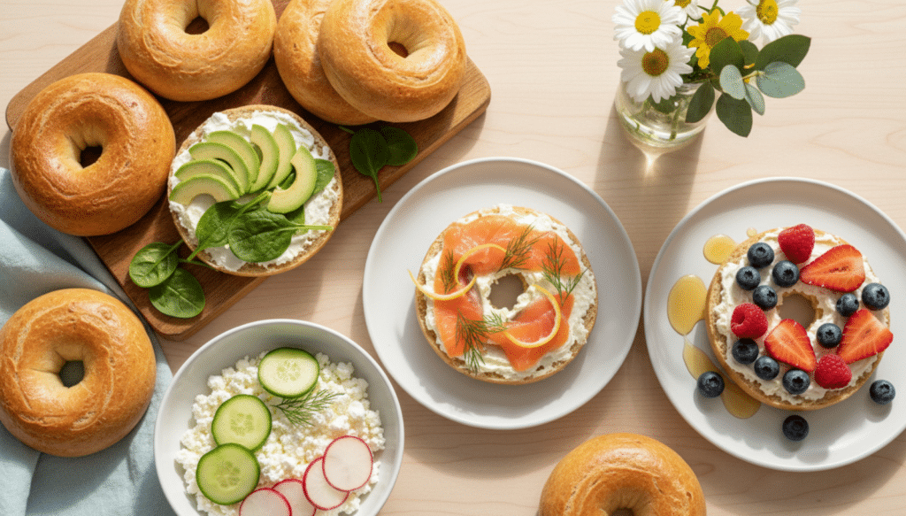 Vielfältige Frühstücks-Bagels mit Frischkäse: herzhaft belegt mit Avocado und Spinat, Lachs und Dill sowie süß mit Beeren und Honig – gesunder Brunch auf hellem Holztisch.