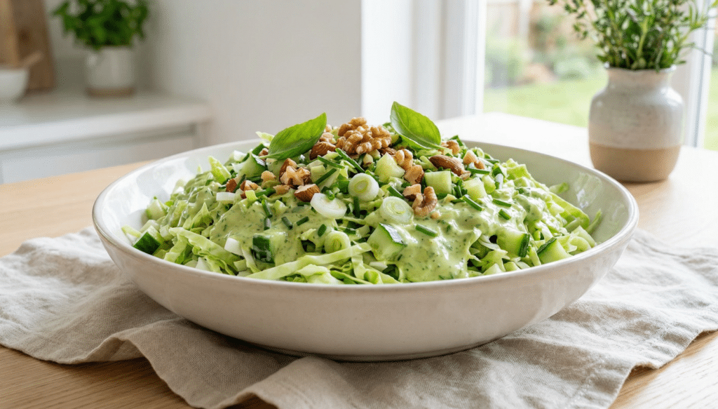 Grüner Green-Goddess-Salat mit fein geschnittenem Kohl, Gurke, Frühlingszwiebeln, Nüssen und cremigem Kräuter-Dressing – frisches, gesundes vegetarisches Salatrezept.
