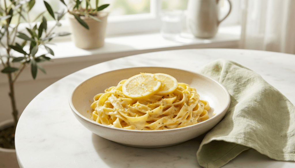 One-Pot Lemon Pasta mit cremiger Zitronensauce und frischen Zitronenscheiben, serviert in einer Schale auf einem Tisch – schnelles, vegetarisches Rezept für einfache Alltagsküche.
