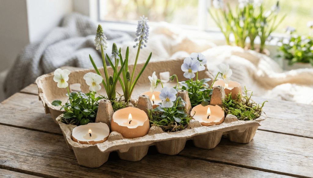 DIY Osterdeko mit Eierkarton, Kerzen in Eierschalen und Frühlingsblumen als nachhaltige Tischdekoration für Ostern im Wohnzimmer.