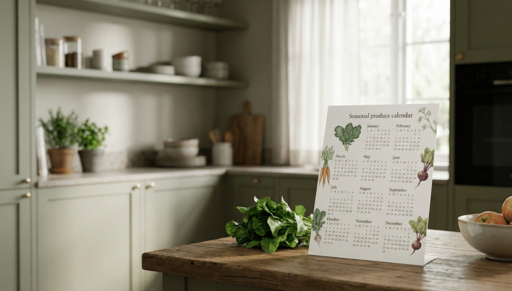 Gedruckter Saisonkalender für Gemüse und Obst steht auf einem Küchentisch neben frischem Spinat und Äpfeln – Übersicht für saisonale, regionale und nachhaltige Ernährung.