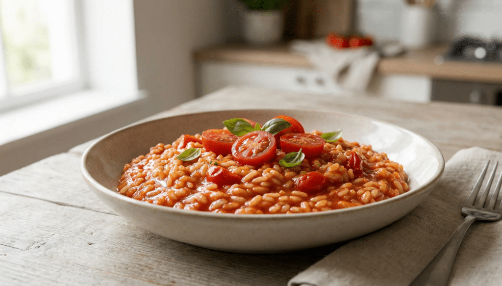 Vegetarisches Tomatenrisotto mit saftigen Cherrytomaten und Basilikum, frisch zubereitet und auf einem Keramikteller angerichtet in moderner Küche.