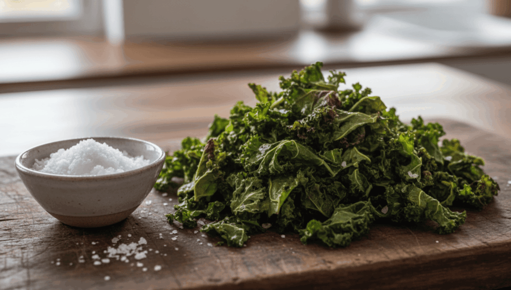 Knusprige Federkohl-Chips auf Holzbrett mit Salz in Schale