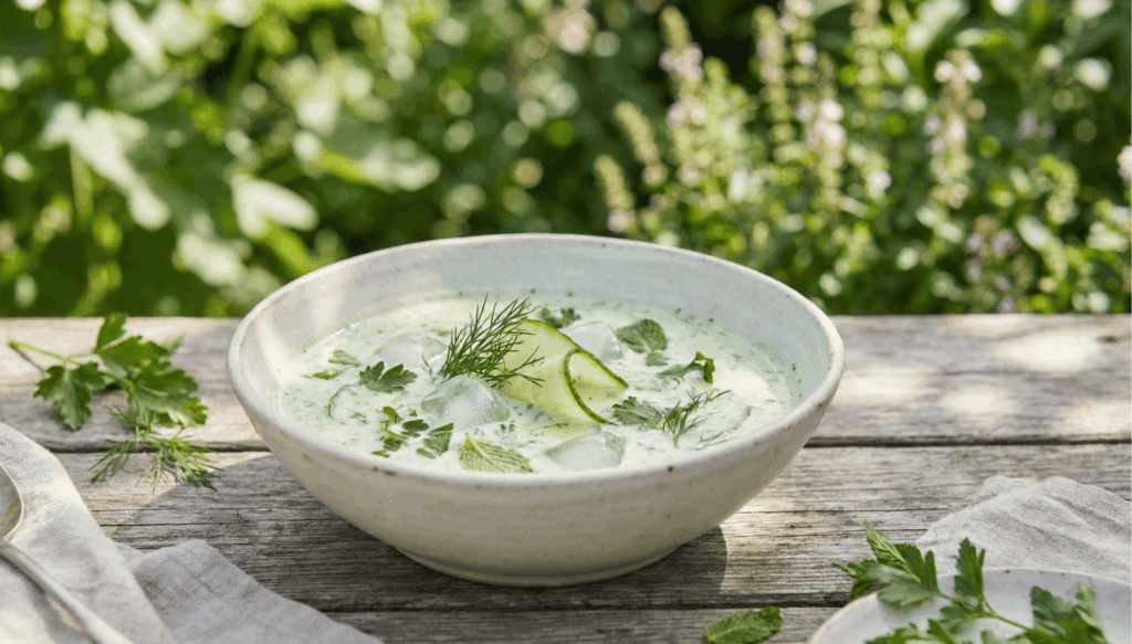Erfrischende Gurkensuppe mit Dill, Minze und Gurkenscheiben