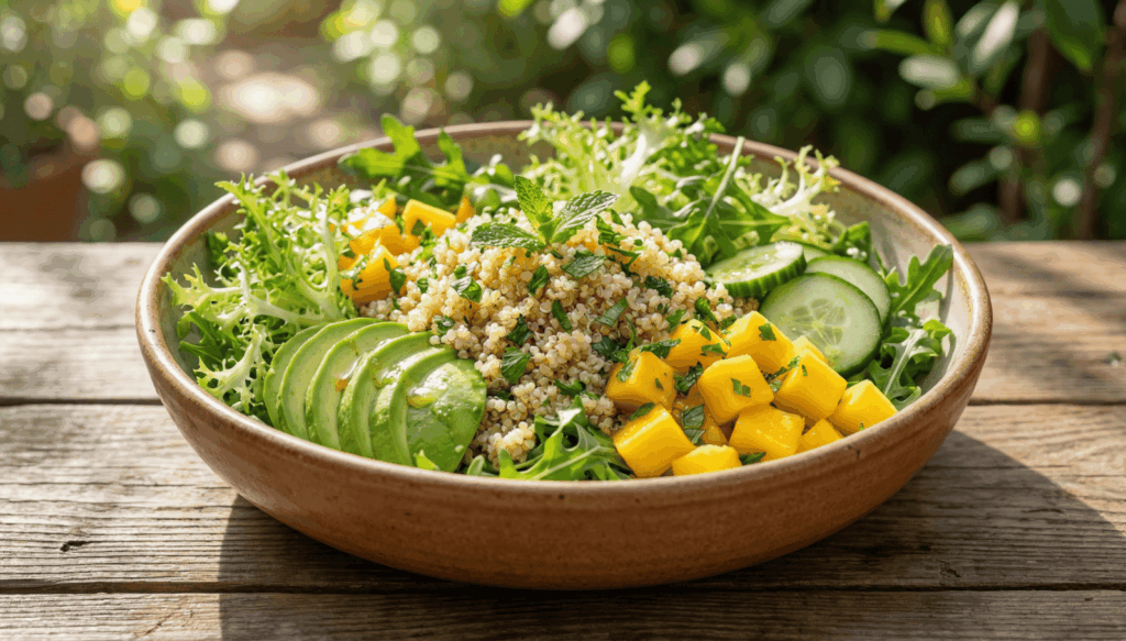 Quinoa-Mango-Salat mit Avocado, Gurke und frischem Blattsalat