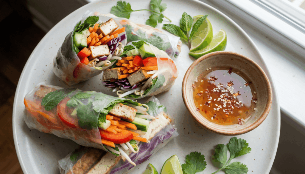 Frische Sommerrollen mit Gemüse und Tofu auf Teller mit Dip